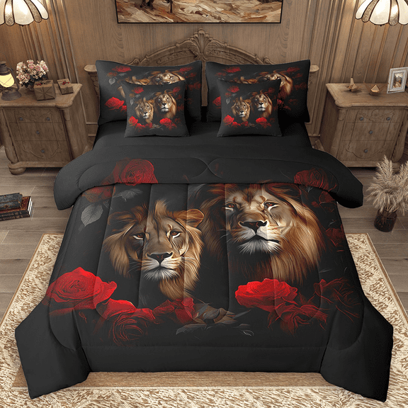Manfei Wild Lion Twin Bedding Sets 7pcs, Jungle Animal Theme Bedding Comforter Set, Chic Red Rose Sheet Sets, Lightweight Room Decor