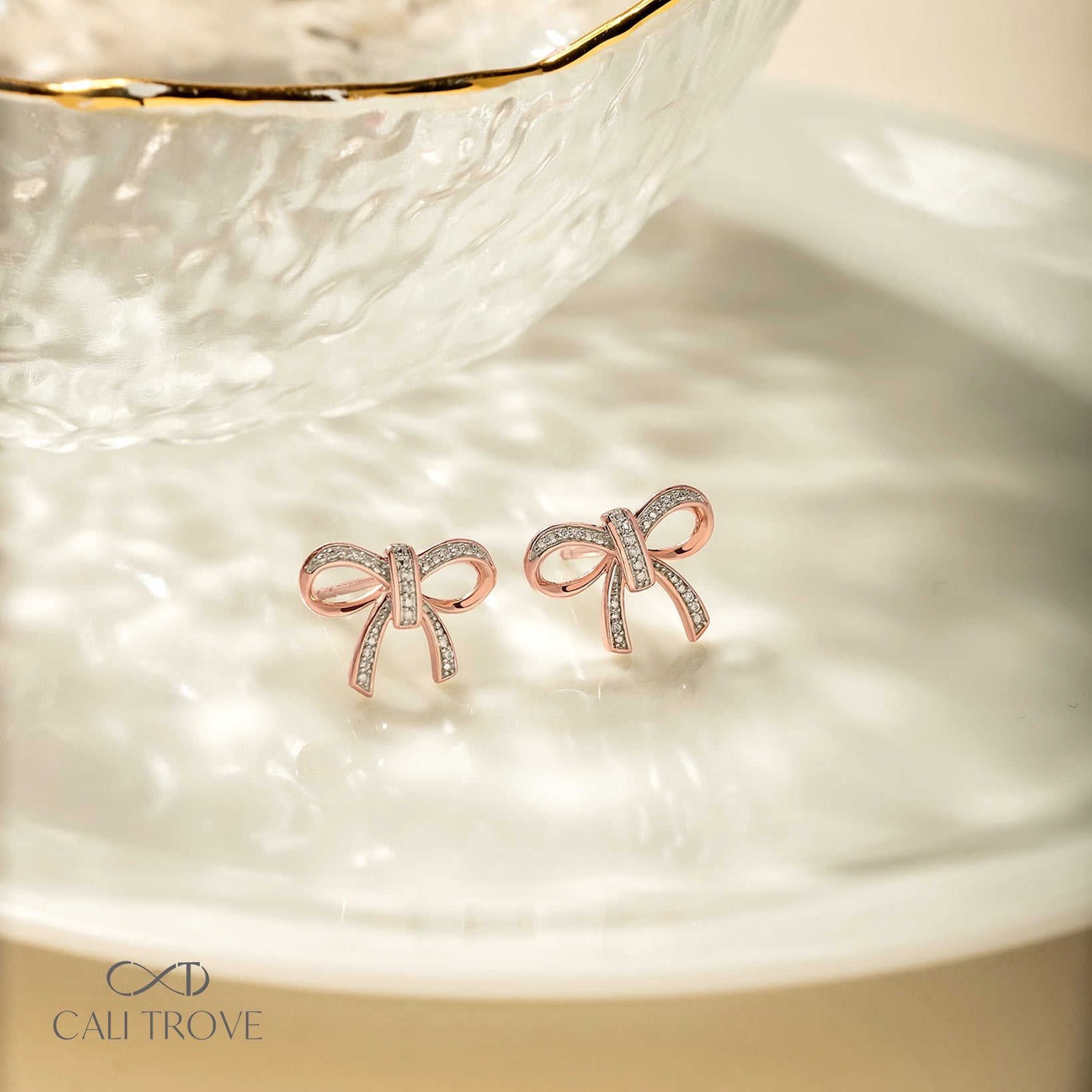 1/20 Ct Diamond Bow Stud Earrings 18KT Rose Gold Vermeil on Sterling Silver, Womens Jewelry Gift