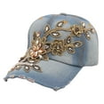 thumbnail image 3 of AWASD Denim Baseball Cap for Men Women Handmade Rhinestone Adjustable Floral Embellished Bling Hat Premium Denim Sparkling Crystal Studded Fashion Casual Headwear Blue, 3 of 4