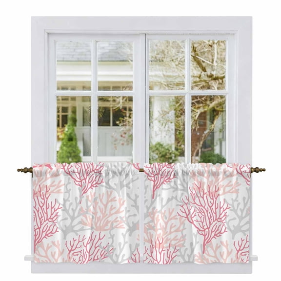Pink Grey Coral Coastal Tier Curtains, Summer Beach Seaside Nautical Light Filtering Kitchen Curtains, 2Pcs Rod Pocket Half Window Treatments Panels for Sink Cafe Cabinet Camper 27.5x36 Inches