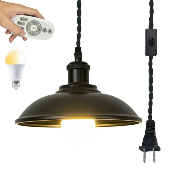 Kiven Plug in Iron Pendant Light, Industrial Hanging Light with Remote Control and 15FT Plug-in Cord, Dimmable Ceiling Pendant Light for Bedroom Hallway Foyer Kitchen Island, E26 Base