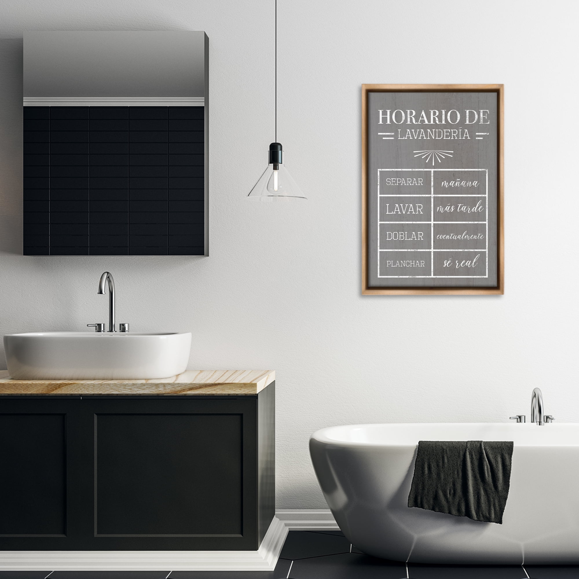 Stupell Industries Horario de Lavandería Bath & Laundry Painting Brown Floater Framed Art Print Wall Art, 21 x 31