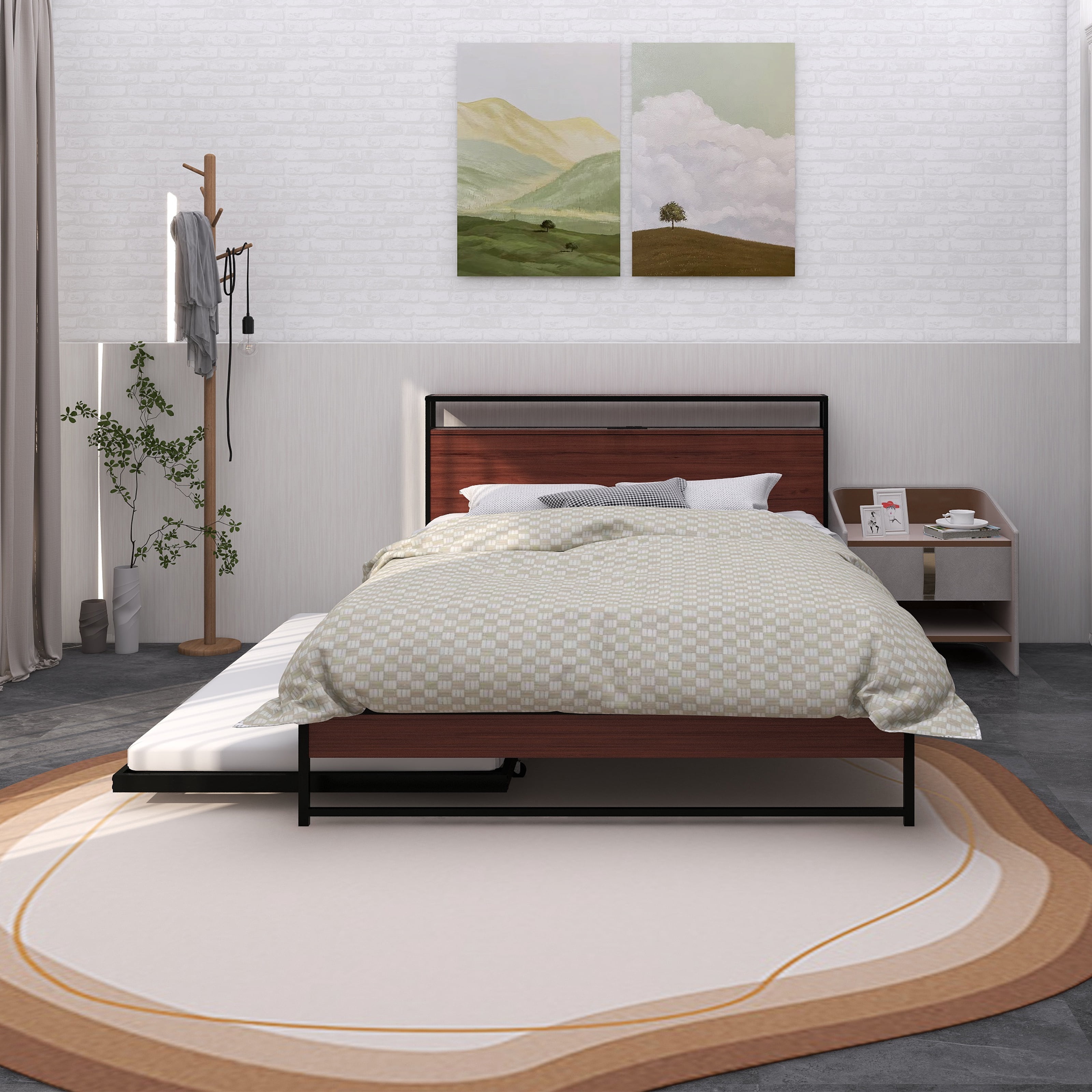 Queen Size Metal Platform Bed Frame with Trundle, USB Ports and Slat Support ,No Box Spring Needed Black