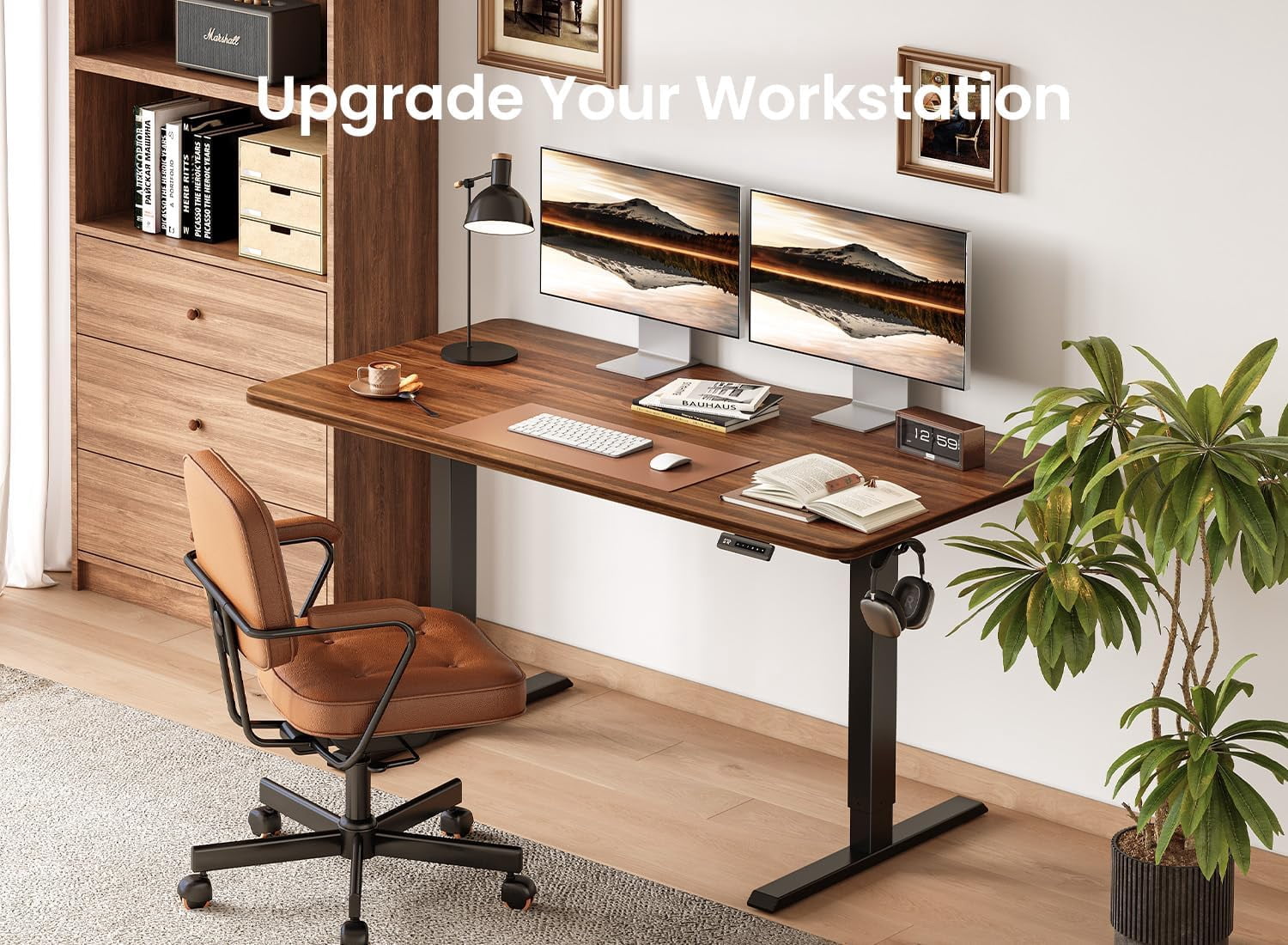 DESINO 55" x 28" Electric Standing Desk, Extra-Deep 28" Desktop Height Adjustable Stand Up Desk with 4 Memory Preset Buttons, Ergonomic Sit-Stand Office Desk, Black Walnut
