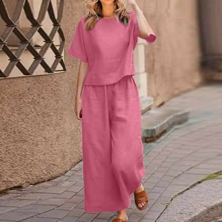 BLTIBY 2 Piece Sets for Women Summer Solid Color Loose Short Sleeve Round Neck Shirts Wide Leg Pants Matching Set Vacation Outfits 2025 Pink S