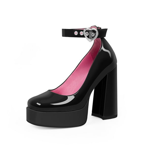 YOWMNS Women's Platform High Block Heel Pumps Square Toe Ankle Strap Heart Buckle Patent Leather Party Prom Dress Shoes (Black,6)
