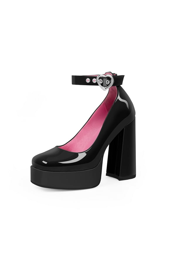 Women's Platform High Block Heel Pumps Square Toe Ankle Strap Heart Buckle Patent Leather Party Prom Dress Shoes (Black,9)