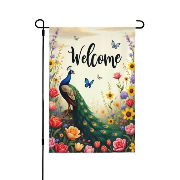 Welcome Spring Garden Flag Peacock Flowers Butterflies Double Sided 12x18 Inch Outdoor Yard Decor House Flag