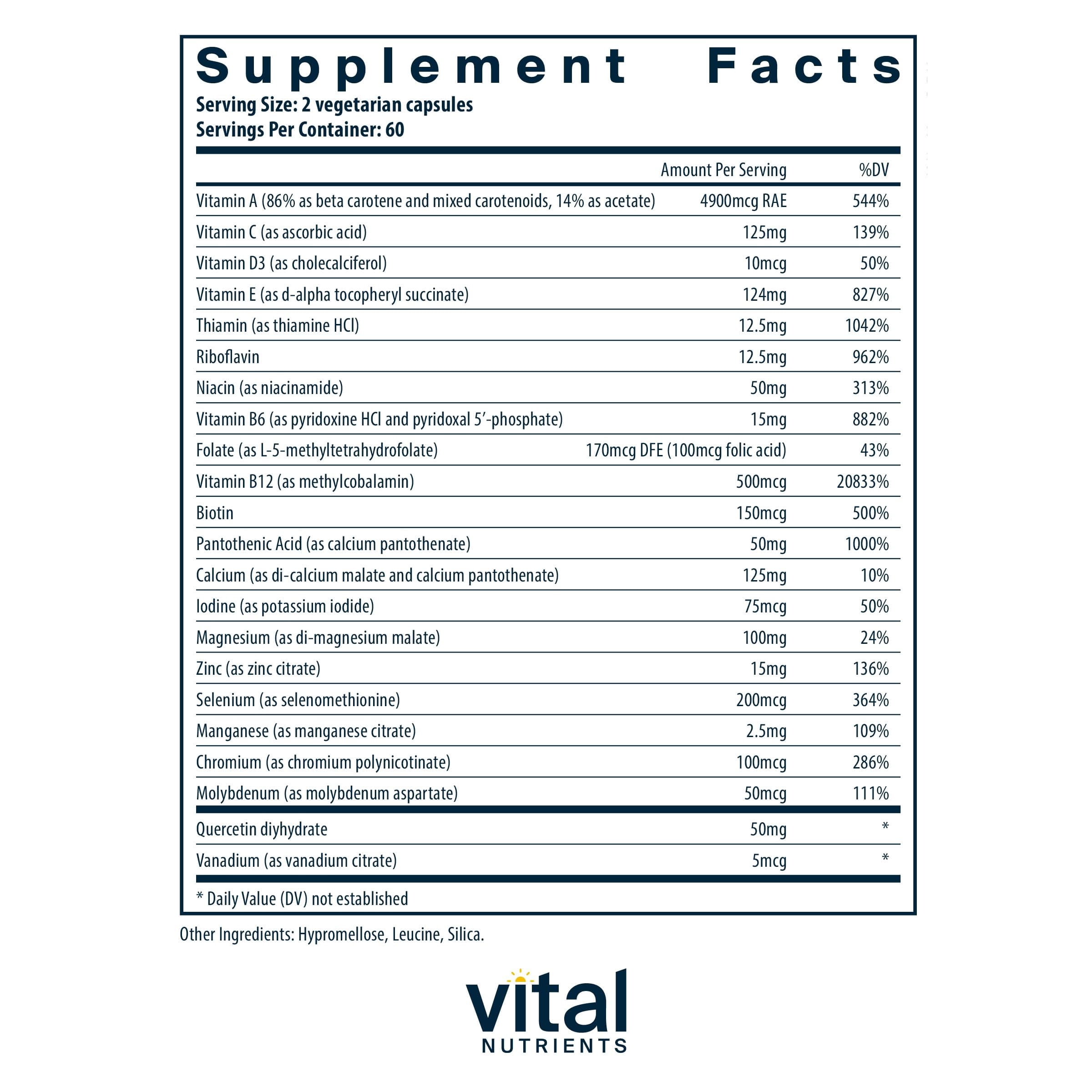 Vital Nutrients Multi-Nutrients 5 Ultra Antioxidant Formula | Boron, Copper, and Iron Free | Vegetarian Daily Multivitamin and Mineral | Gluten, Dairy, Soy Free | Non-GMO | 120 Capsules