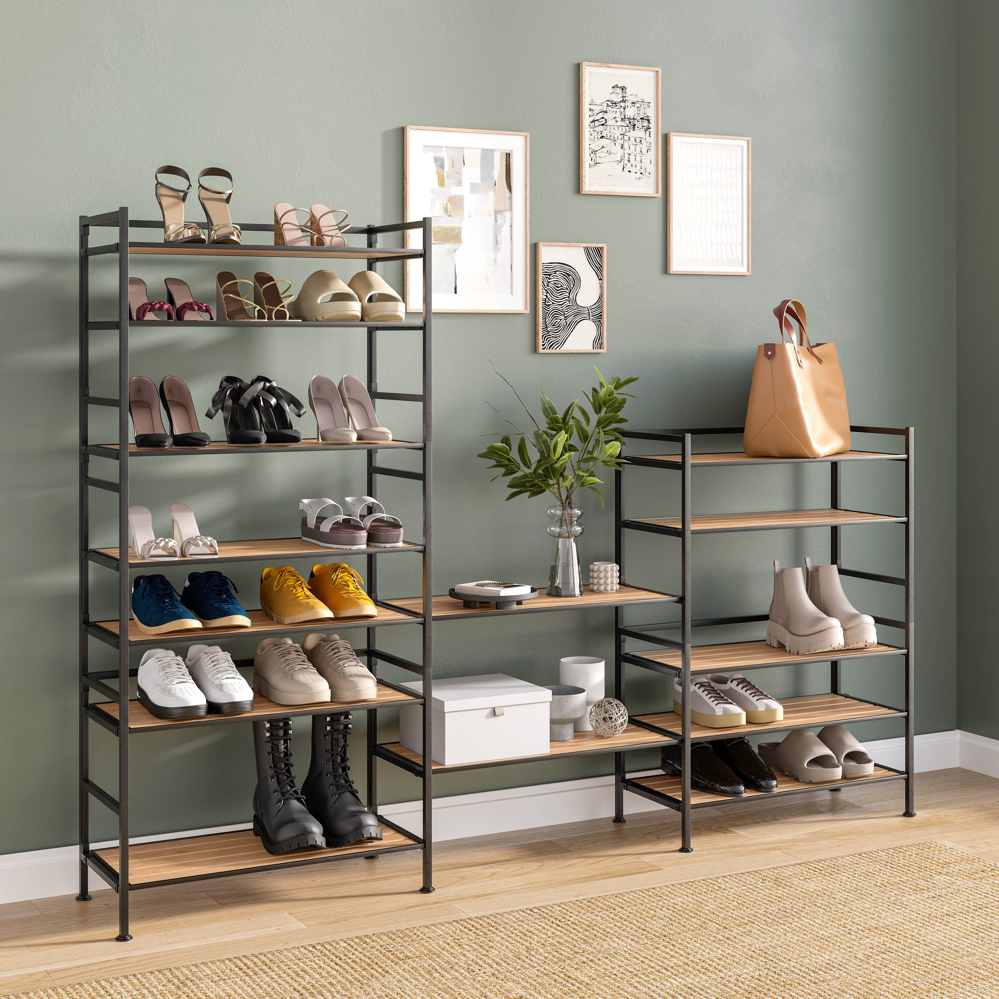 Seville Classics Sturdy Freestanding Storage Shelf for Bedroom, Closet, Entryway, Dorm Room Organizer, Stackable Metal 3-Tier 2" Resin Slat Shoe Rack, Light Oak