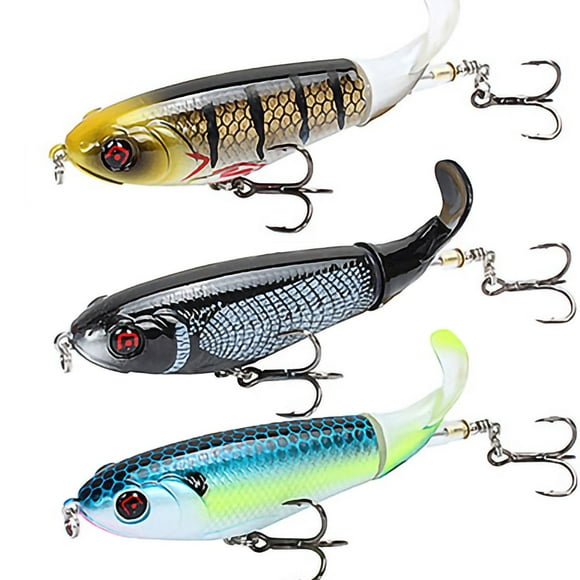 3PCS Whopper Popper Topwater Fishing Lure Artificial Hard Bait 3D Eyes Plopper With Soft Rotating Tail Fishing Tackle