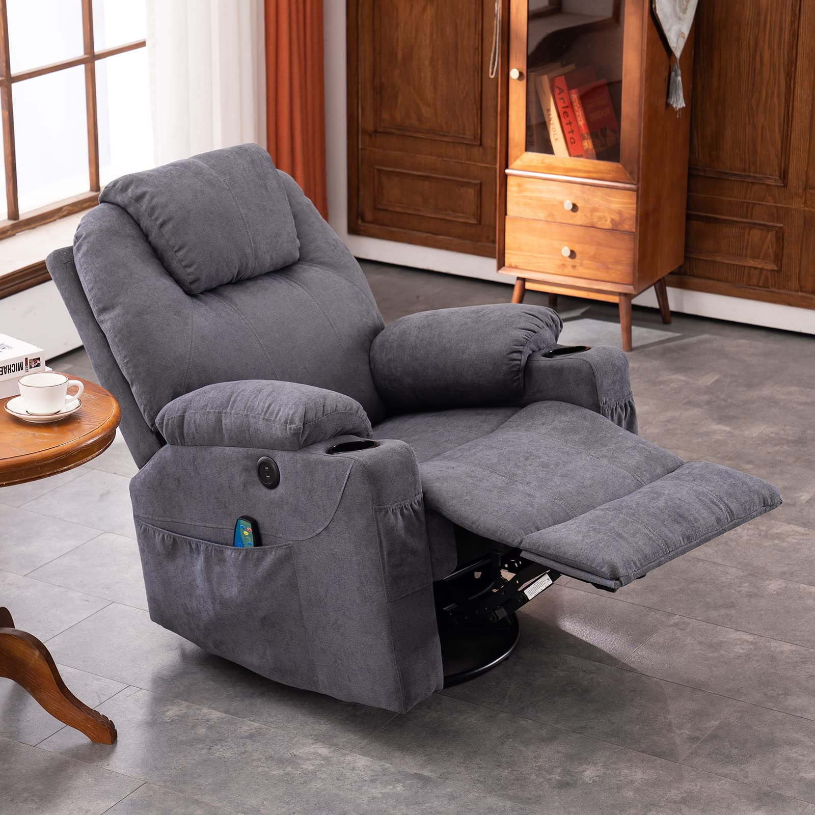 SOCIALCOMFY Manual Swivel Rocker Recliner Chair with Heat & Massage, Grey