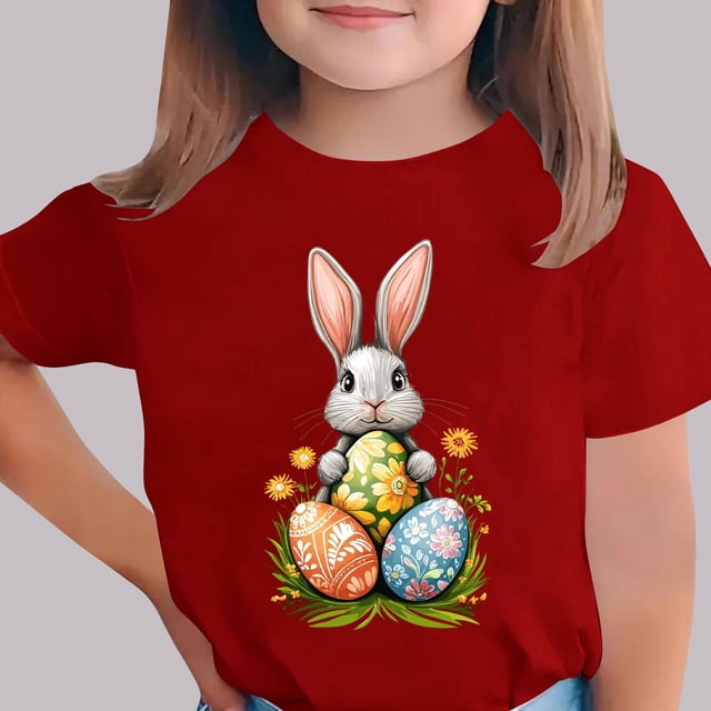 Blusas y camisas de manga corta con cuello redondo Camiseta estampada de manga corta de Pascua para niños Cuello redondo Manga corta Casual Versátil Para niñas Niños Top de poliéster