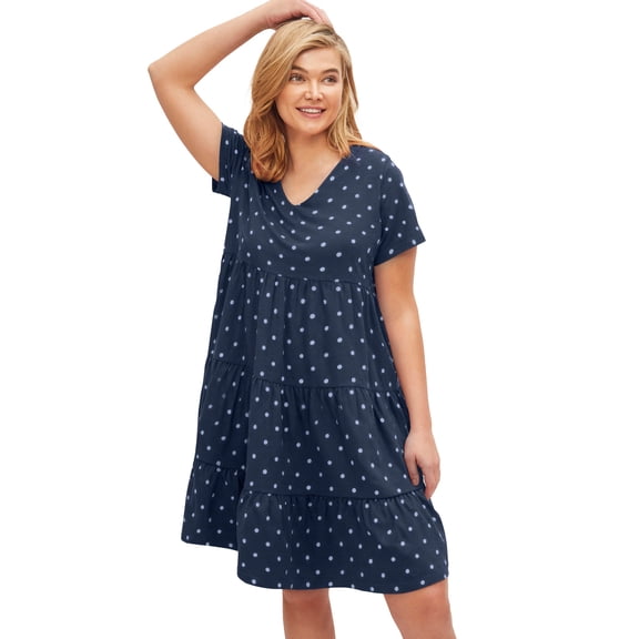 Ellos Plus Size Cotton Spandex V-Neck Short Sleeve Tiered A-Line Dress