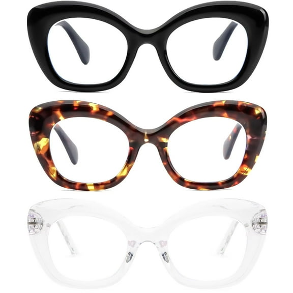 REAVEE 3 Pack Oversized Cat Eye Reading Glasses for Women men Thick Frame, Blue Light Blocking Readers Stylish Large Eyewear