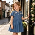 thumbnail image 4 of Fengqque Girls Peter Pan Collar Denim Dress Short Sleeves Bows Partial Front Buttons A-Line Casual Dress Blue 3-4 Years, 4 of 8