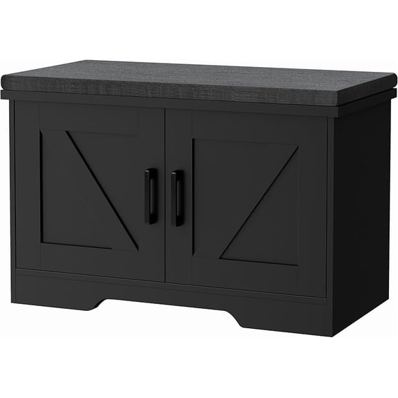 2-Tier Storage Bench, 27.6" Wide Shoe Bench with Padded Seat Cushion, Entryway Bench with 2 Barn Doors and Adjustable Shelf, Black