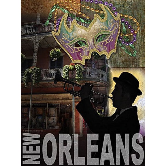 Popular New Orleans Mardi Gras Bourbon Street Trumpet Player Sign; One 12x16in Poster Print