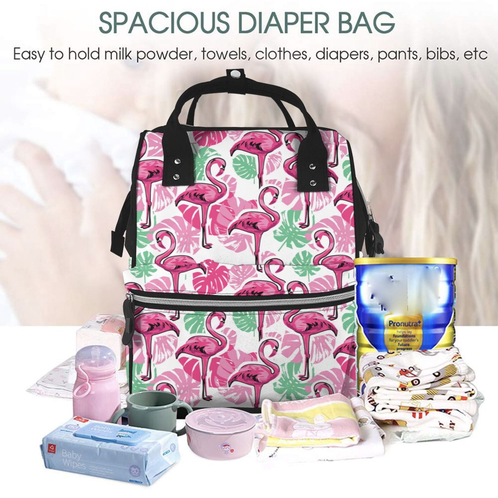 Ratiio Flamingo Mummy Backpack - Waterproof Twill Canvas, Large Capacity Diaper Bag with Multiple Pockets and Adjustable Straps