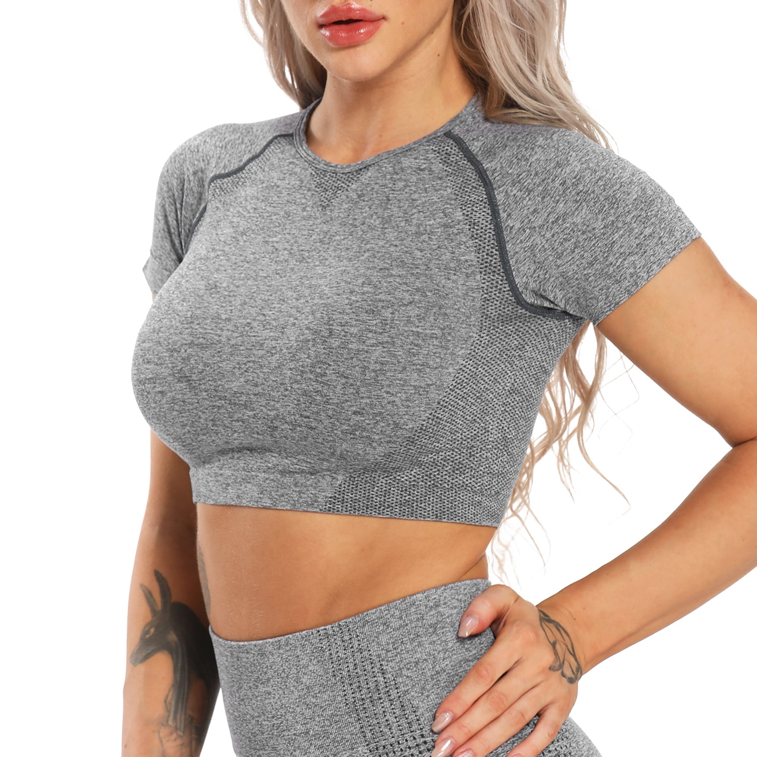 Wobity Workout Crop Tops for Women Short Sleeve Seamless Athletic Gym Shirts