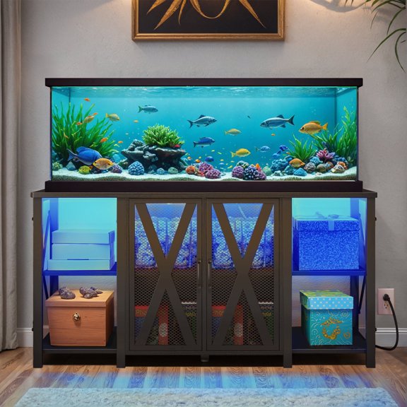 ModFusion Heavy-Duty Aquarium Stand with RGB Lights, Power Outlets & Storage Cabinet – Fits 75–120 Gallon Fish Tanks, Black Metal Frame