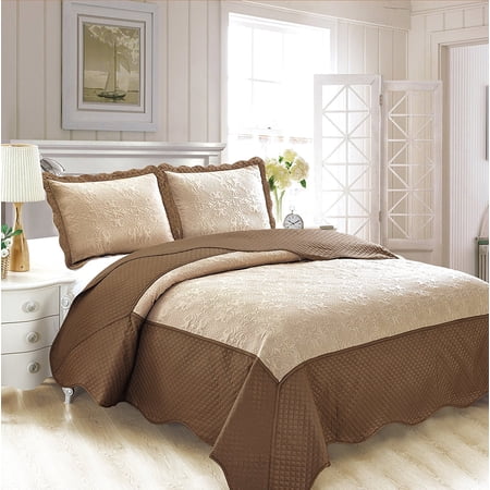 Fancy Collection 3pc Luxury Bedspread Coverlet Embossed Bed Cover Solid Tow Tune Taupe\/Dark 