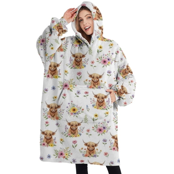 Oversized Wearable Blanket Hoodie,White Highland Cow Flower Pattern Sherpa Blanket Hoodie with Super Pockets,Super Warm Fuzzy Pullover for Women & Men