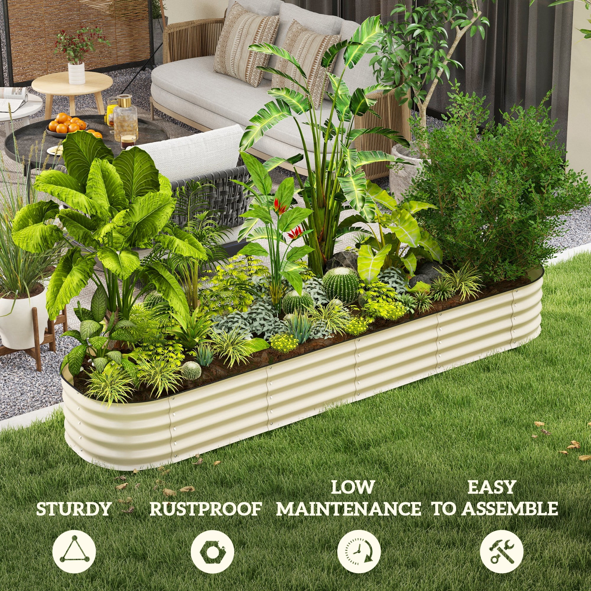 Outsunny Galvanized Raised Garden Bed Kit, Metal Planter Box with Safety Edging, 94.5" x 24.5" x 11.75", Cream