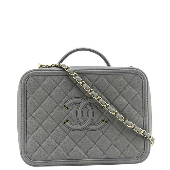 Pre-Owned CHANEL Vanity Case Filigree CC Large Caviar Quilted Shoulder Bag Grey