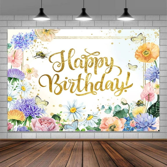 Flowers Birthday Backdrop, Happy Birthday Colorful Florals Butterfly Photography Background Banner for Women Kids Girls, Bush Garden Birthday Party Decorations Supplies Background Photo Props 7x5ft