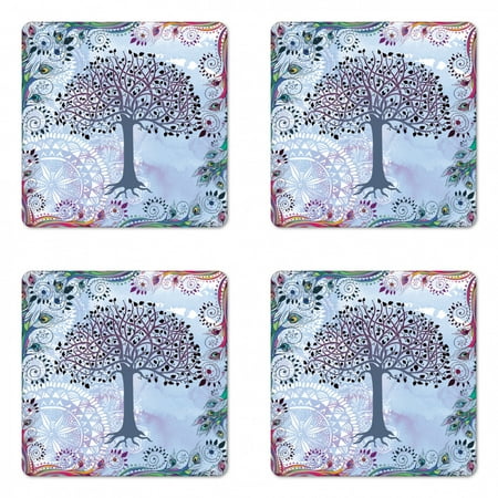 

Nature Coaster Set of 4 Tree of Life Motif Peacock Feathers Tribal Vintage Primitive Flora Illustration Square Hardboard Gloss Coasters Standard Size Blue by Ambesonne