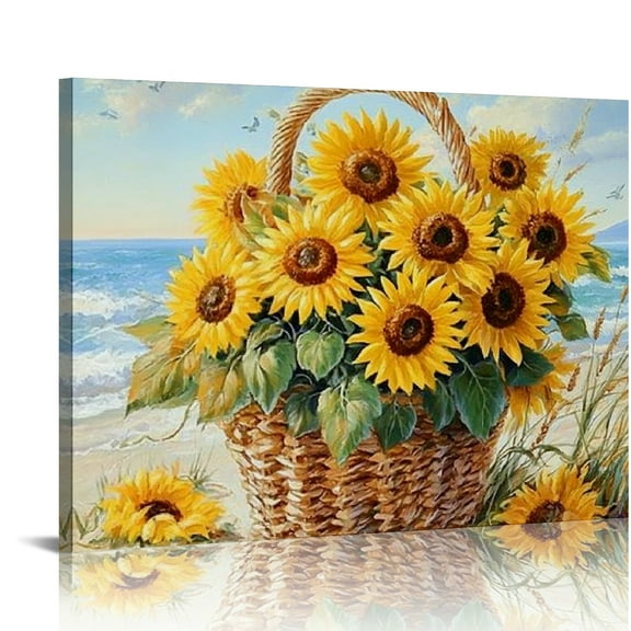 Patifu Sunflower Wall Decor Rustic Yellow Sunflower in Woven basket Beach Canvas Wall Art Modern Home Decor for Living Room Nursery Bedroom Bathroom Office Decor Ready To Hang  20x16in
