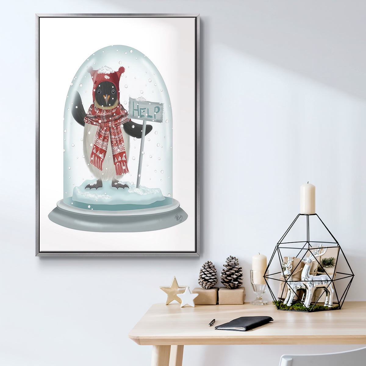 Christmas Penguin Snow Globe - Framed Gallery Wrapped Holiday Canvas - 25 x 37 - Silver Frame