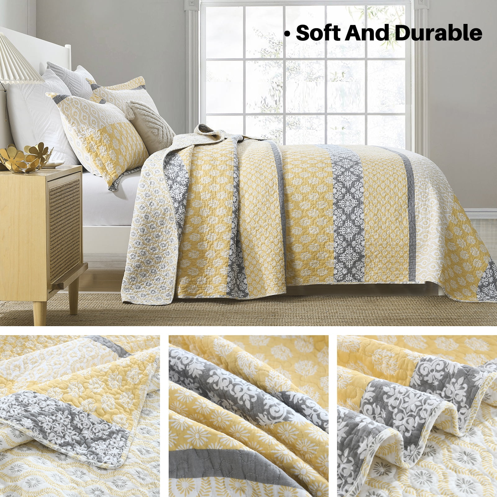 Bedduvit Quilt Bedspread for Queen Bed, 100% Cotton Gold Yellow Gray Floral Striped Reversible Quilts, Lightweight Farmhouse Summer Fall Printed Queen Quilt Comforter Set, 3-Piece 98"x90"