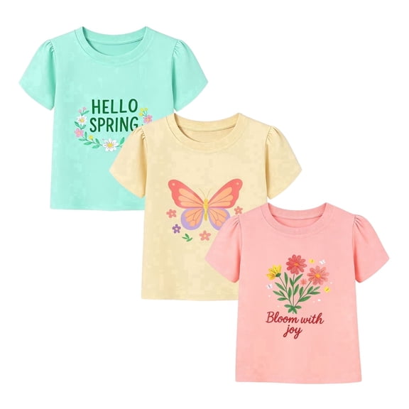 HILEELANG Toddler Girls 3-Pack 100% Cotton Graphic T-Shirts, Mint Yellow Pink Spring Floral Butterfly, Short Sleeve, Sizes 2T-7T
