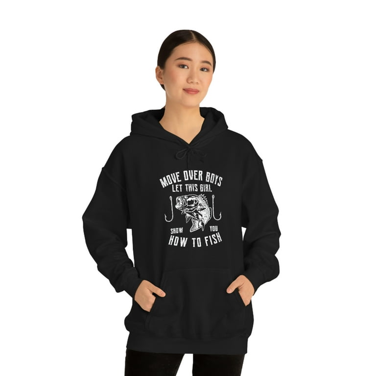 Printify Move Over Boys Let This Girl Show You How to Fish - Fishing Hoodie, adult Unisex, Size: 4XL, Black