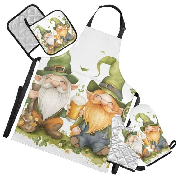 Cute Gnomes with Beer 5 Pcs Kitchen Set Heat Resistant Oven Mitts and Non-Slip Pot Holders with Adjustable Cooking Apron