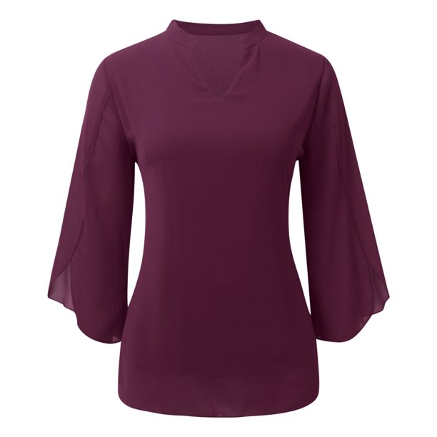 Blusa de gasa elegante y casual con volantes, mangas 3/4 y cuello en V para mujer - Doble capa y bajo fluido - Para la oficina o fiestas - Tallas S-XXL