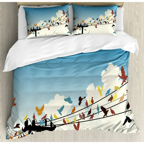 Colorful Duvet Cover Set Queen Size, Animal Theme Silhouettes of Colorful Birds Roosting on Telegraph Wires Pattern, Decorative 3 Piece Bedding Set with 2 Pillow Shams, Multicolor, by Ambesonne