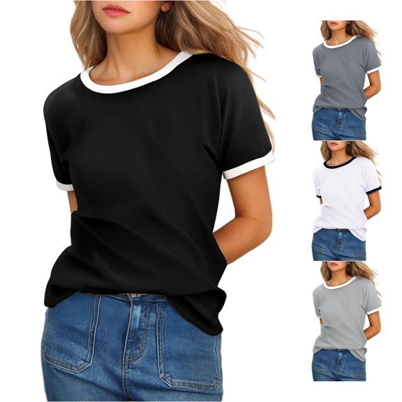 HCYSFG Womens Contrast T Shirts Crewneck Short Sleeve Ringer Design Relaxed Fit Casual Tees Summer Everyday Tops