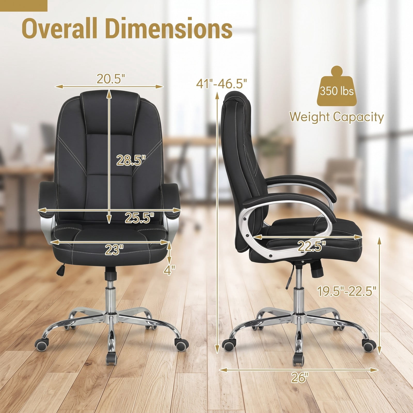 Furnibear Ergonomic Leather Office Chair, High Back PU Leather Executive Desk Chair with Padded Armrests, Adjustable Height, 360-Degree Swivel and Rocking, Black