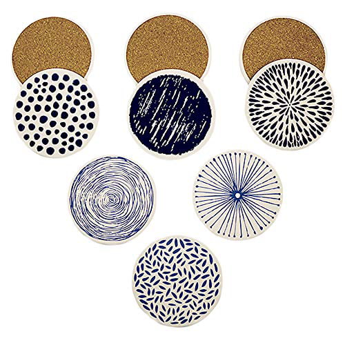 AD Set of 6 Coasters with Holder for Drinks Absorbing Round Ceramic Stone Coaster with Cork Base,Tabletop Protection Mat for Mugs and Cups,Office,Kitchen 