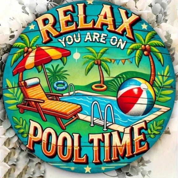 HELLOYOUNG Tropical Poolside Resort Metal Sign, Relaxation Theme Outdoor Wall Art for Swimming Pool Area, Corrosion-Resistant Hanging Decor