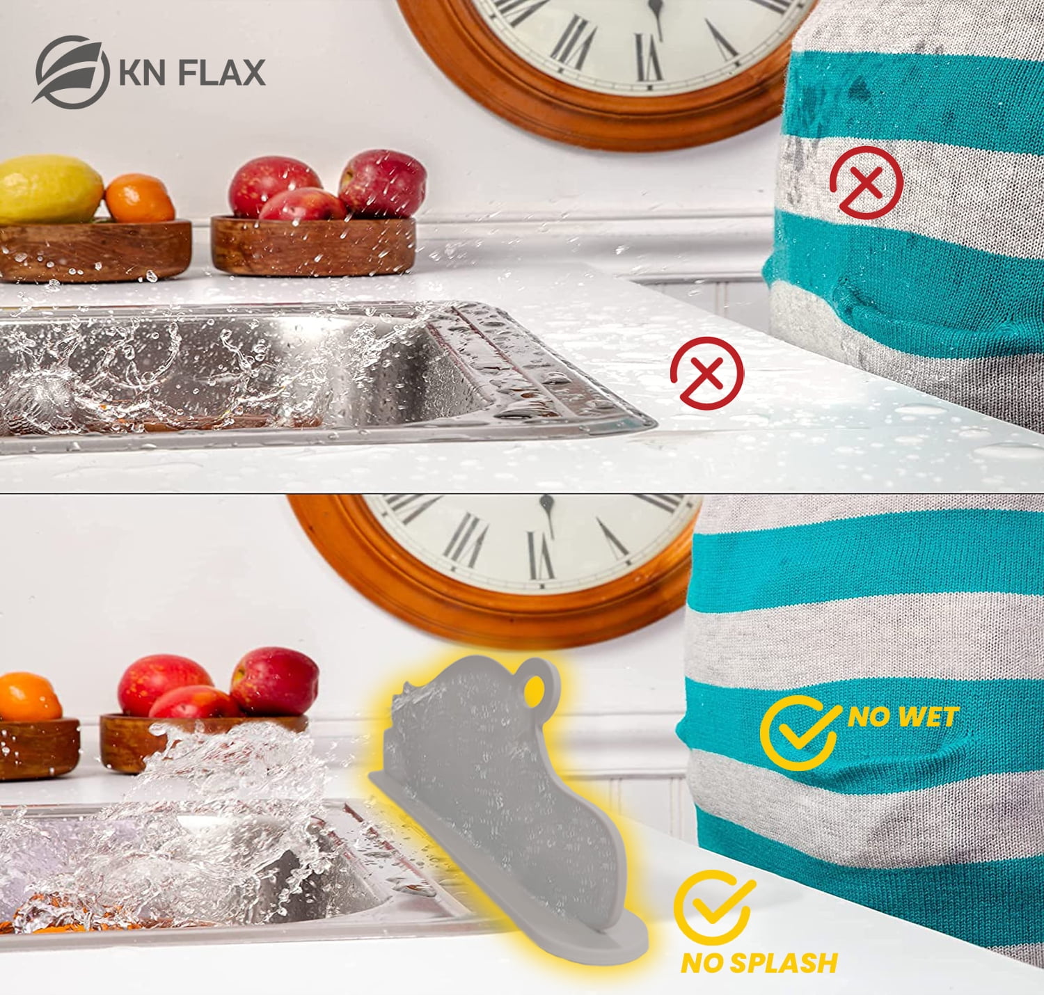 KN FLAX Sink Splash Guard - Silicone Anti-Splash Water Protector for Kitchen Bathroom & Island Sinks - Strong Attached Sucker Suction Cup Base - Premium Faucet Basin Accessories - Baffle Board