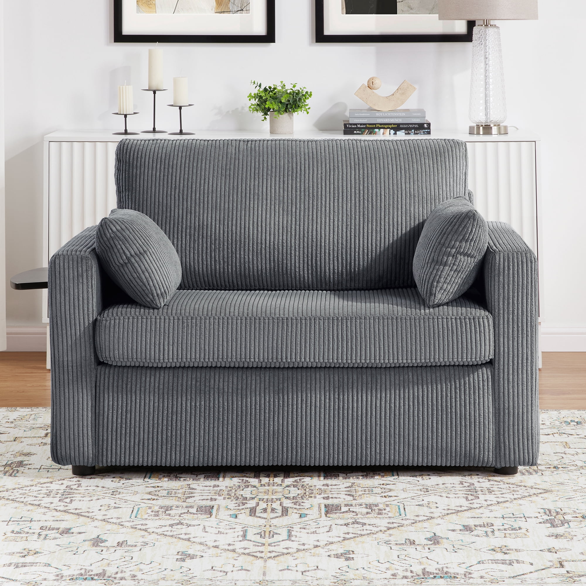 Harper & Bright Designs Pull Out Couch Bed with Mattress, Twin Size Convertible Sofa Bed with Foldable Side Table, Loveseat Sleeper for Living Room Apartment, Gray