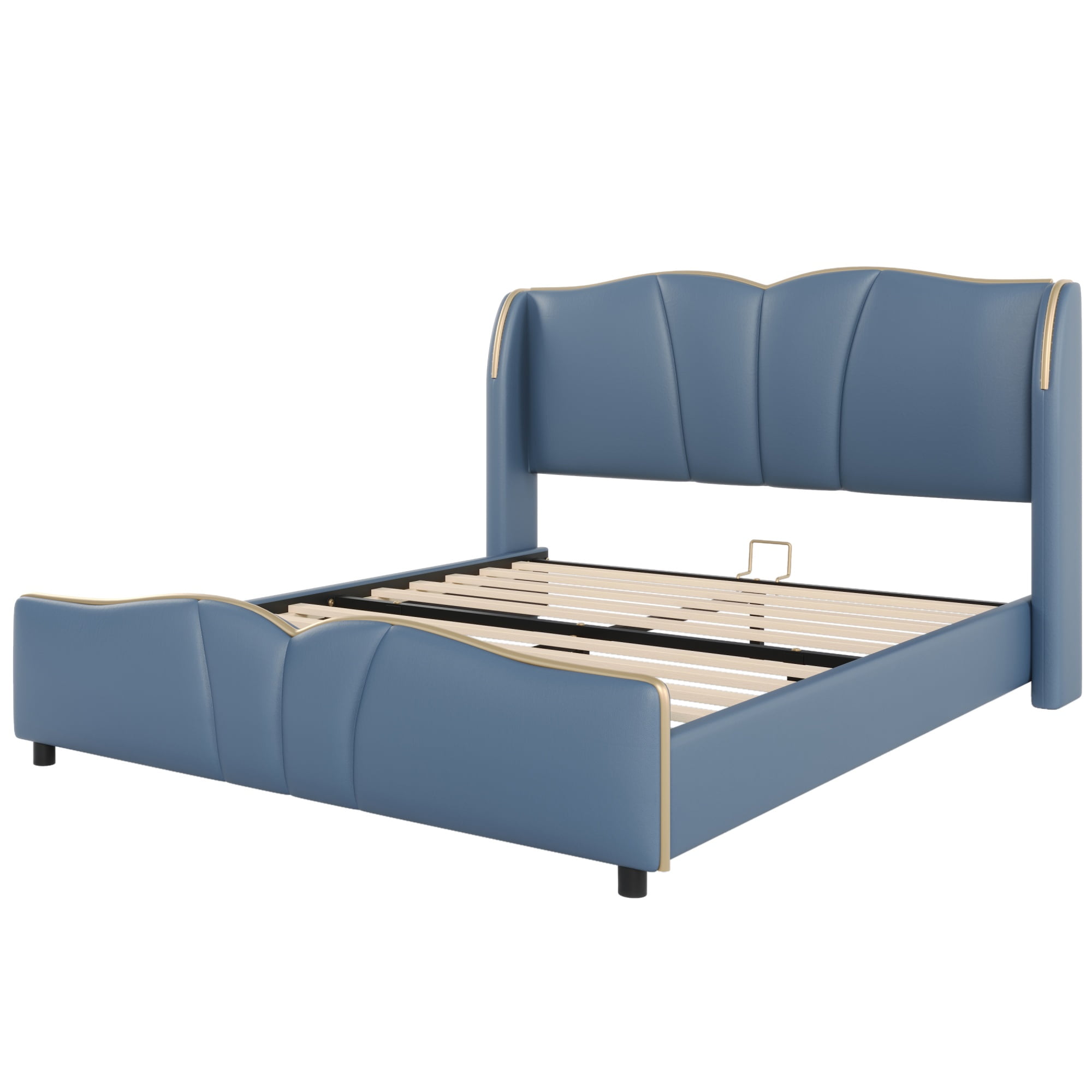 [Luckynote]Queen Size Leather Upholstered Bed Frame, Modern Bed Frame with Wingback Head board, Upholstered Platform Bed with Wavy Footboard, No Spring Box Needed, Antique Blue
