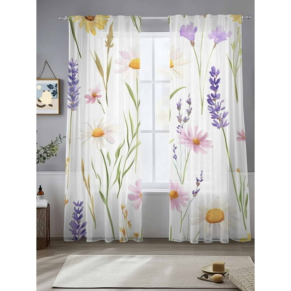 Spring Wildflowers Sheer Curtains for Living Room Bedroom Pastoral Botanical Flower Sheer Curtains 108 Inch Long 2 Panels Set Light Filtering Curtain Window Treatments Drapes for Dining Room