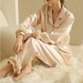 thumbnail image 3 of Dvprdro Pajamas for Women Set Fall Winter Fashion Women's 2-Piece Imitation Silk Feathers Loungewear Long Sleeve Top & Pants Sleepwear Outfit, 3 of 5