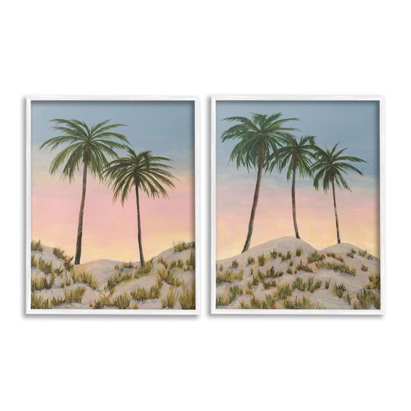 Stupell Industries Sunrise Tropical Scene Landscape Painting White Framed Art Print Wall Art, 11 x 14, Set of 2