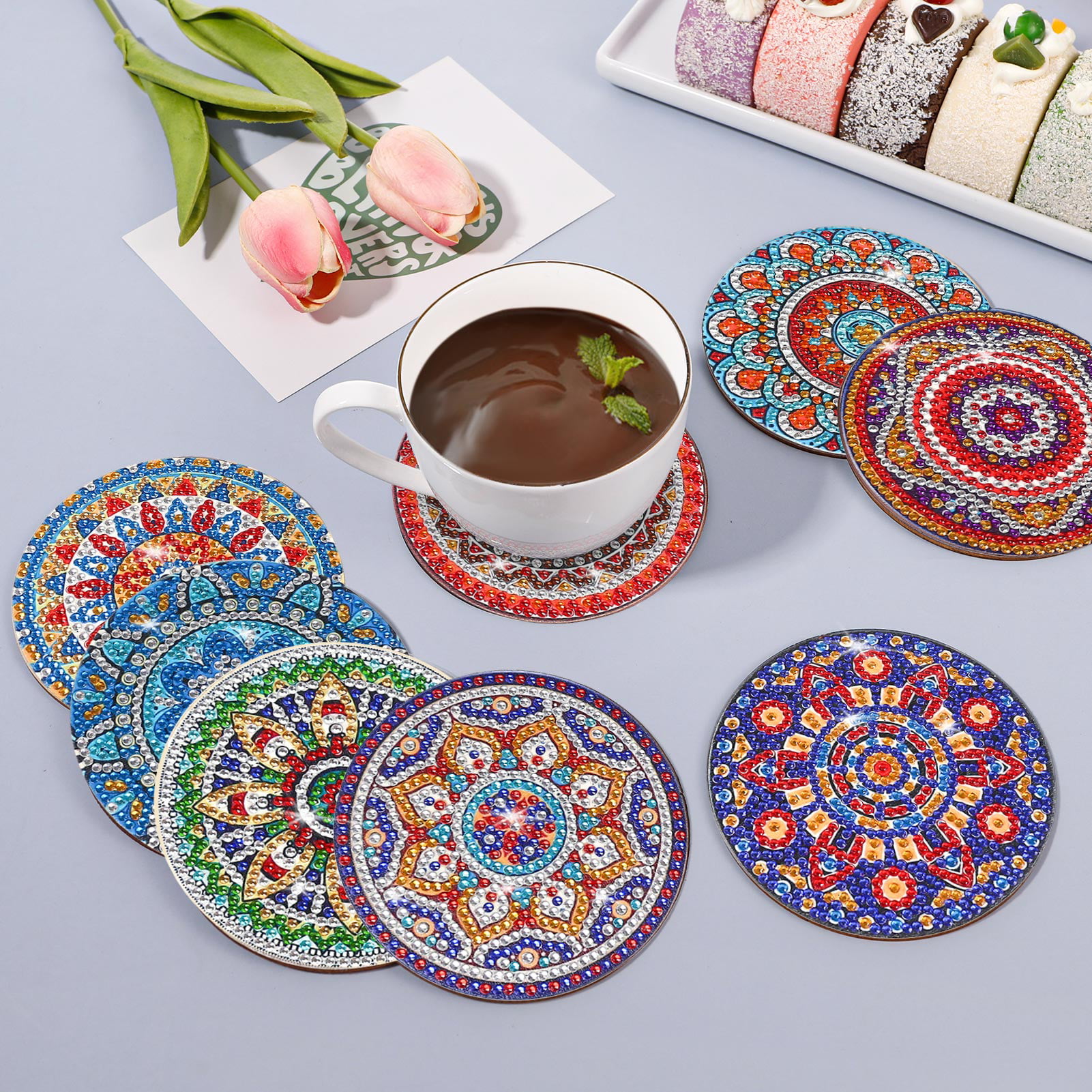 KACASHIP Art Crafts Diamond Painting Coasters Mandala Flower Pattern with Holder Paint Pen Kits for Adult Women Men Kids Gift (8 Pcs)